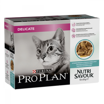 PURINA Pro Plan Delicate Nutrisavour, Pește oceanic, hrană umedă pisici, sensibilități digestive, (în sos) PURINA Pro Plan Delicate Nutrisavour, Pește oceanic, pachet economic plic hrană umedă pisici, sensibilități digestive, (în sos), 85g x 10