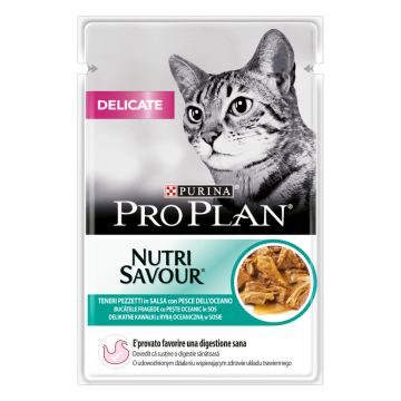 PURINA Pro Plan Delicate Nutrisavour, Pește oceanic, hrană umedă pisici, sensibilități digestive, (în sos) PURINA Pro Plan Delicate Nutrisavour, Pește oceanic, plic hrană umedă pisici, sensibilități digestive, (în sos), 85g