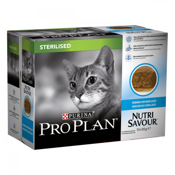 PURINA Pro Plan Nutrisavour Sterilised, Terină cu Cod, hrană umedă pisici sterilizate, (în sos) PURINA Pro Plan Nutrisavour Sterilised, Terină cu Cod, pachet economic plic hrană umedă pisici sterilizate, (în sos), 85g x 10