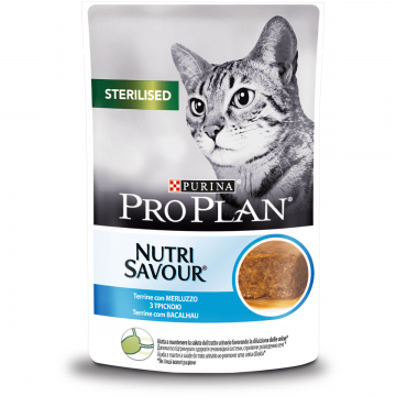 PURINA Pro Plan Nutrisavour Sterilised, Terină cu Cod, hrană umedă pisici sterilizate, (în sos) PURINA Pro Plan Nutrisavour Sterilised, Terină cu Cod, plic hrană umedă pisici sterilizate, (în sos), 85g