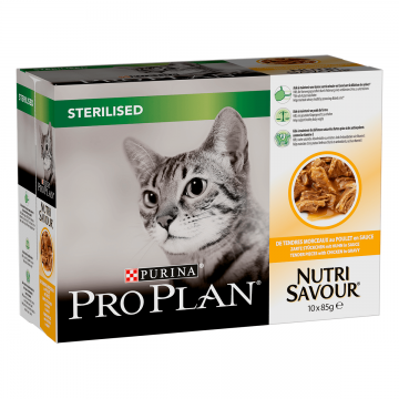 PURINA Pro Plan Sterilised Nutrisavour, Pui, hrană umedă pisici sterilizate, (în sos) PURINA Pro Plan Sterilised Nutrisavour, Pui, pachet economic plic hrană umedă pisici sterilizate, (în sos), 85g x 10