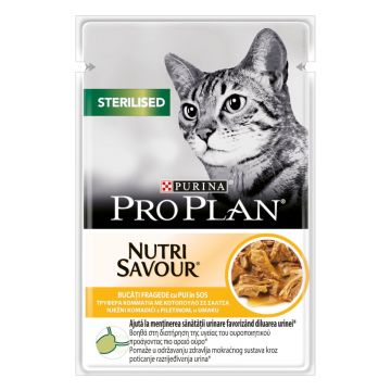 PURINA Pro Plan Sterilised Nutrisavour, Pui, hrană umedă pisici sterilizate, (în sos) PURINA Pro Plan Sterilised Nutrisavour, Pui, plic hrană umedă pisici sterilizate, (în sos), 85g