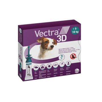 Vectra 3D, spot-on, solutie antiparazitara, caini Vectra 3D, spot-on, soluție antiparazitară, câini 4 -10 kg, 3 pipete ieftin