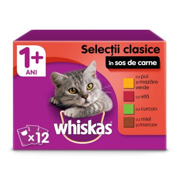 WHISKAS Selecții Clasice, 4 arome, pachet mixt, hrană umedă pisici, (în sos) WHISKAS Selecții Clasice, 4 arome, pachet mixt, plic hrană umedă pisici, (în sos), 100g x 12