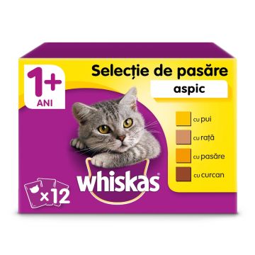 WHISKAS Selecții Pasăre, 4 arome, pachet mixt, hrană umedă pisici, (în aspic) WHISKAS Selecții Pasăre, 4 arome, pachet mixt, plic hrană umedă pisici, (în aspic), 100g x 12